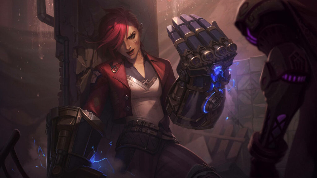 Arcane Vi battle showdown with Sevika intense lighting on Vi gauntlets and fierce expression wallpaper