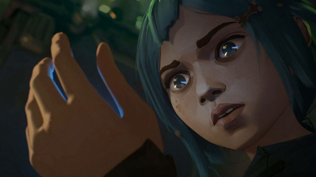 Arcane Powder examines glowing Hextech gem with dramatic lighting and vibrant blue hair wallpaper