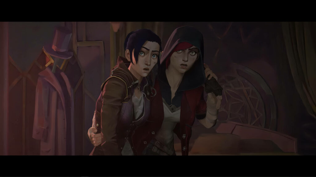 “Dramatic Arcane Wallpaper: Vi & Caitlyn Tension Scene Background”