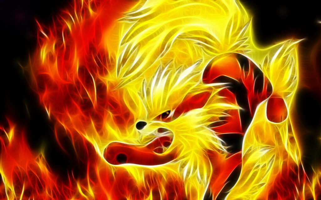 Arcanine with vibrant flames and fiery energy tongue out dynamic powerful wallpaper background