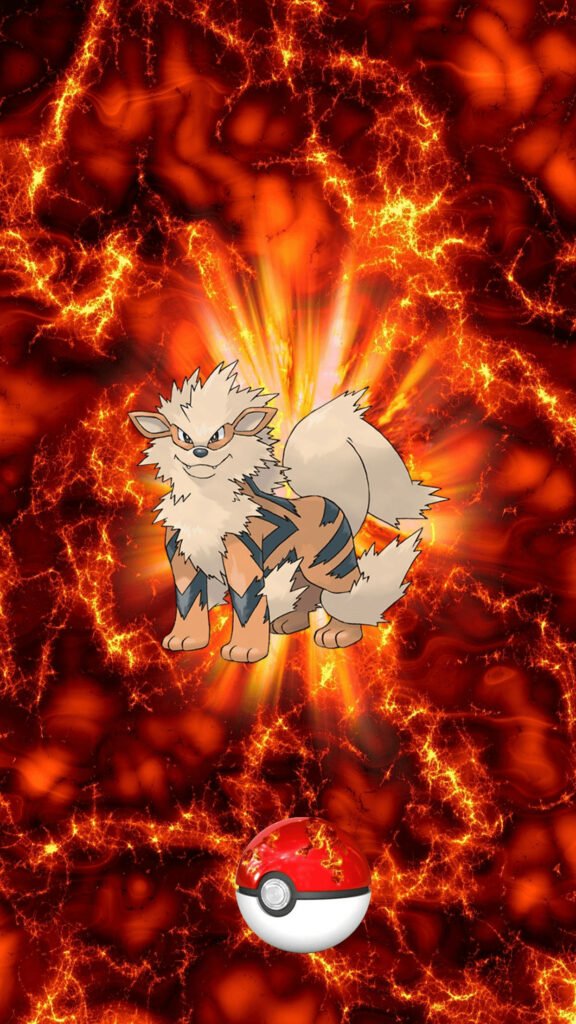 Arcanine fiery Pokémon wallpaper with lava background and Poké Ball phone wallpaper design