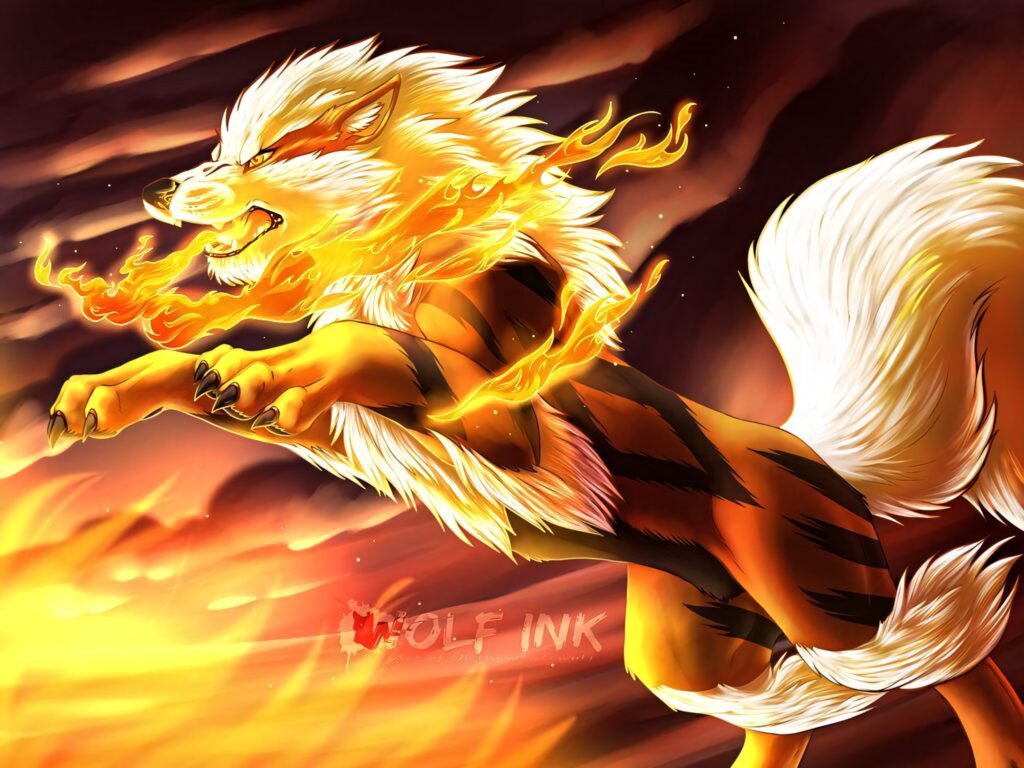 Arcanine leaping fiercely breathing fire with swirling flames dramatic intense wallpaper background