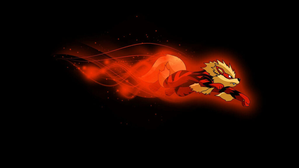 Arcanine leaping with vibrant red flames on dark background dynamic fiery Pokémon wallpaper