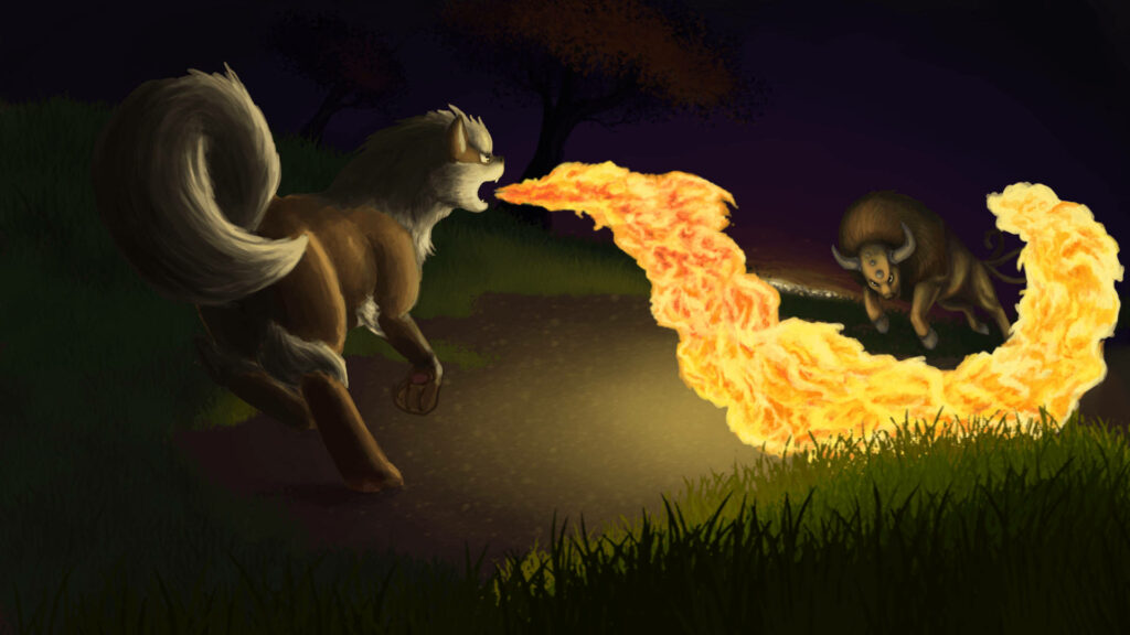 Arcanine unleashes a fiery breath attack on Tauros in an intense dark sky Pokémon battle wallpaper