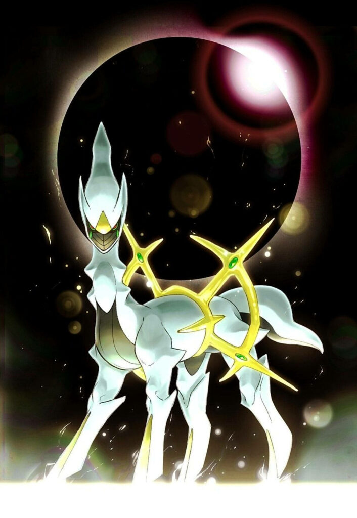 Arceus stands majestic on glowing cosmic landscape with brilliant light and eclipse background Wallpaper