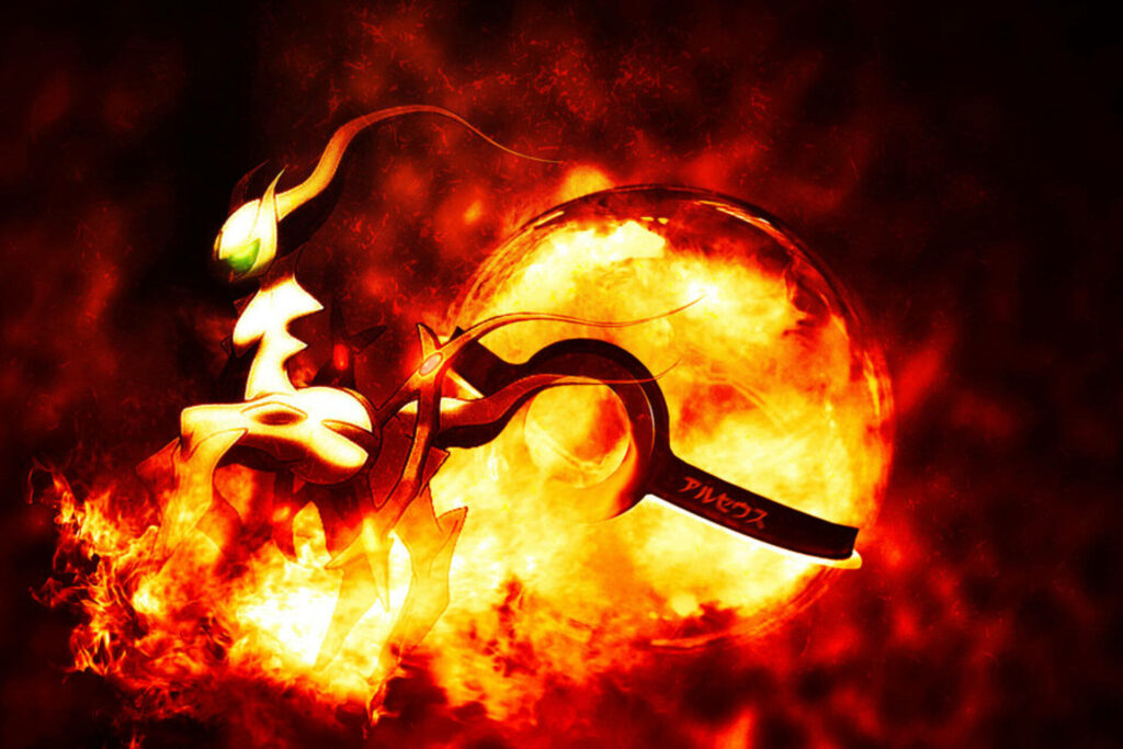 Arceus emerging from swirling flames and light creating a legendary dynamic wallpaper background