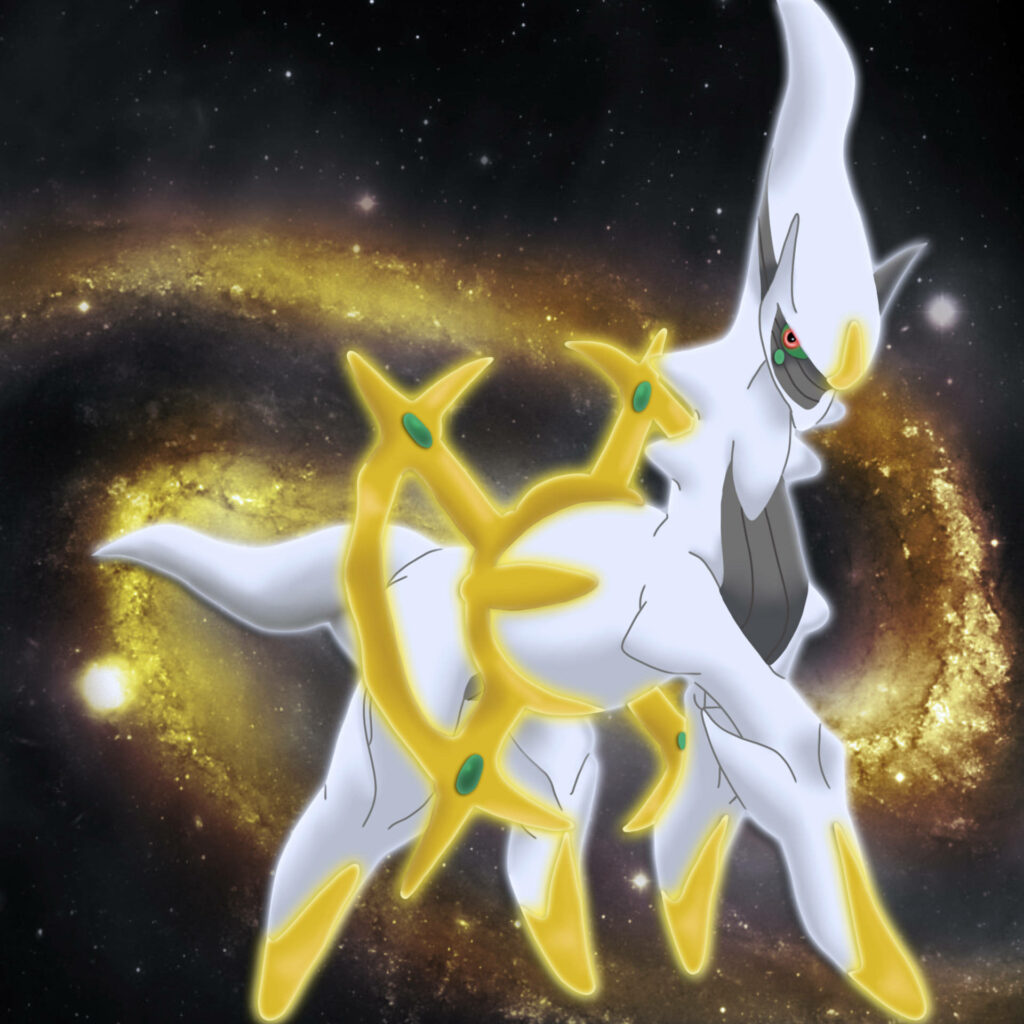 Arceus floating majestically in vibrant galaxy wallpaper radiating celestial power and mystery