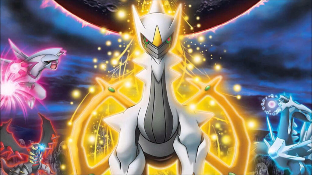 Arceus surrounded by glowing legendary Pokemon in vibrant cosmic Pokemon wallpaper background