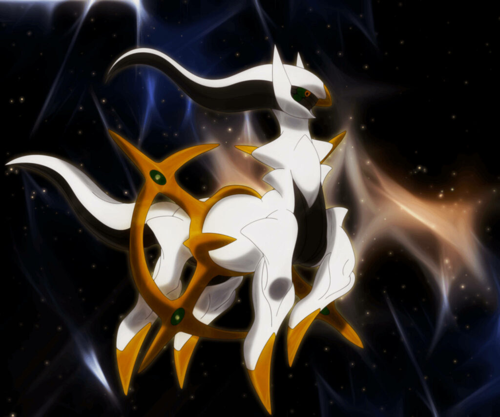 Arceus legendary Pokémon glowing powerfully against a vibrant cosmic wallpaper background