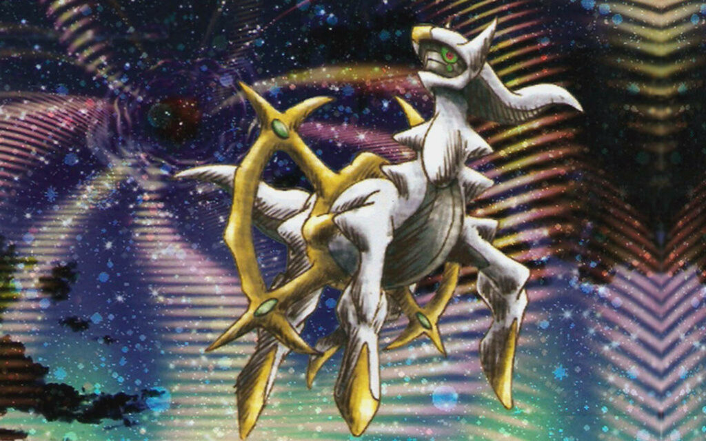 Arceus majestic pose with glowing aura on swirling cosmic background wallpaper image