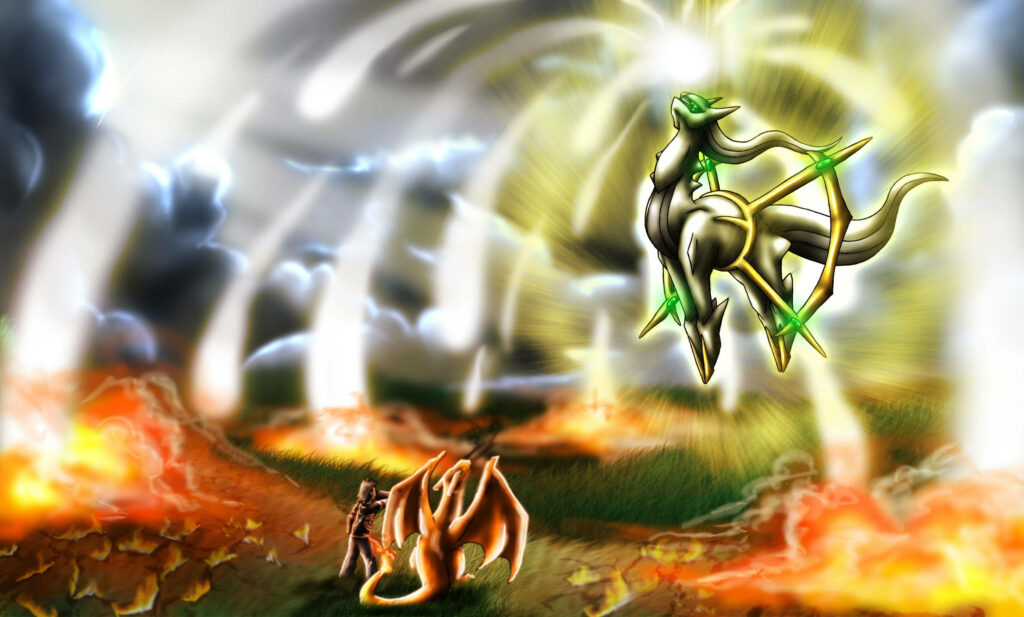 Arceus glowing divine light above fiery battlefield Charizard and trainer admire powerful presence wallpaper
