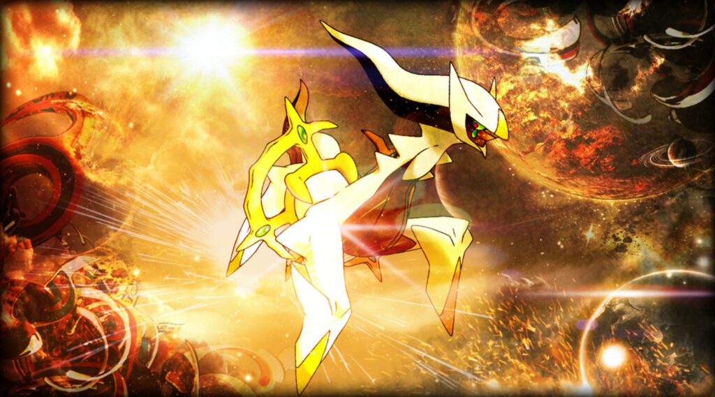 Arceus glowing with divine energy in cosmic background legendary creator Pokémon wallpaper