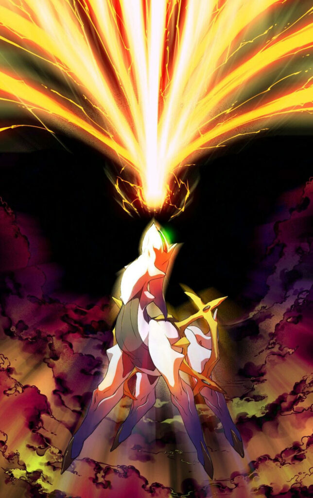 Arceus unleashing a fiery explosion brightening dark surroundings with vibrant fire energy wallpaper