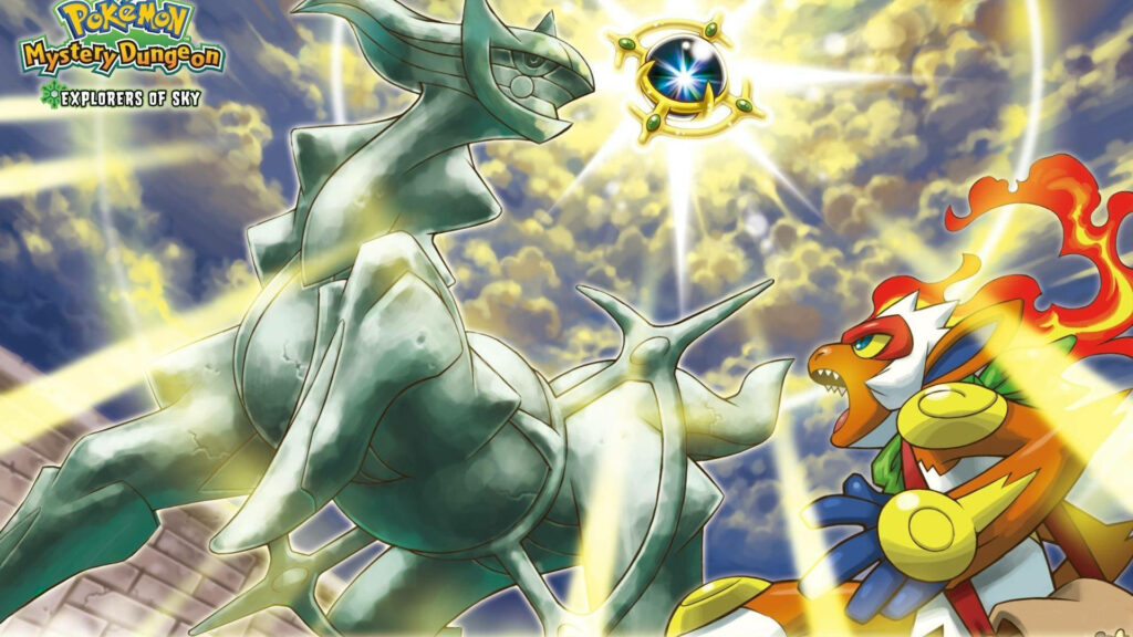 Arceus and Infernape face off under radiant sky with glowing Time Gear in Pokémon wallpaper background