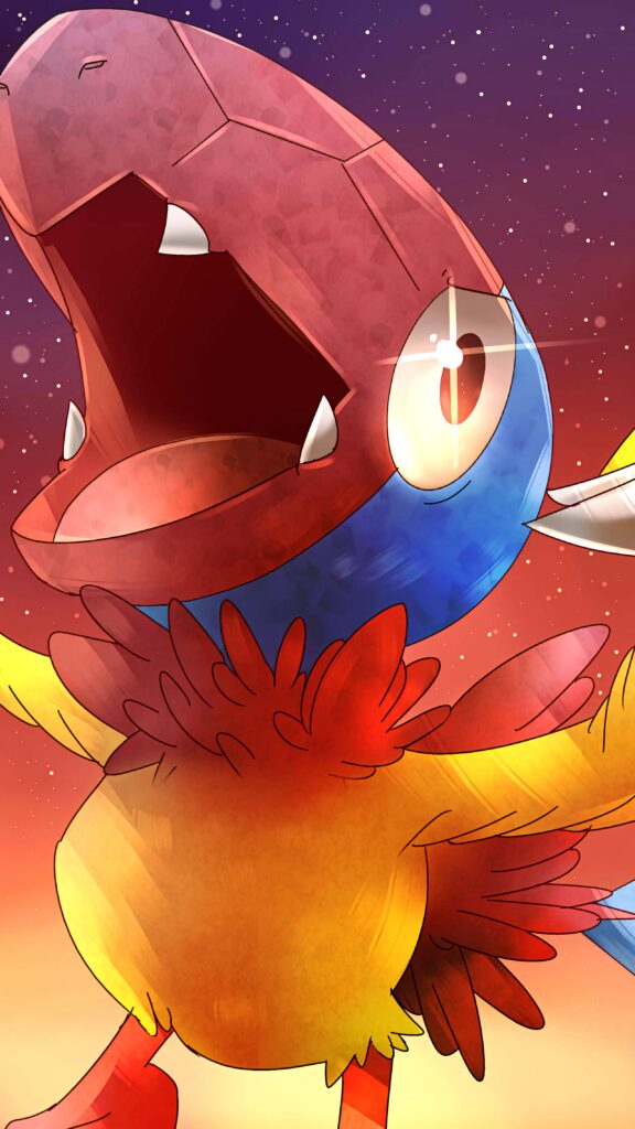 Close-up of Archen prehistoric bird Pokémon with open beak against glowing colorful sunset wallpaper