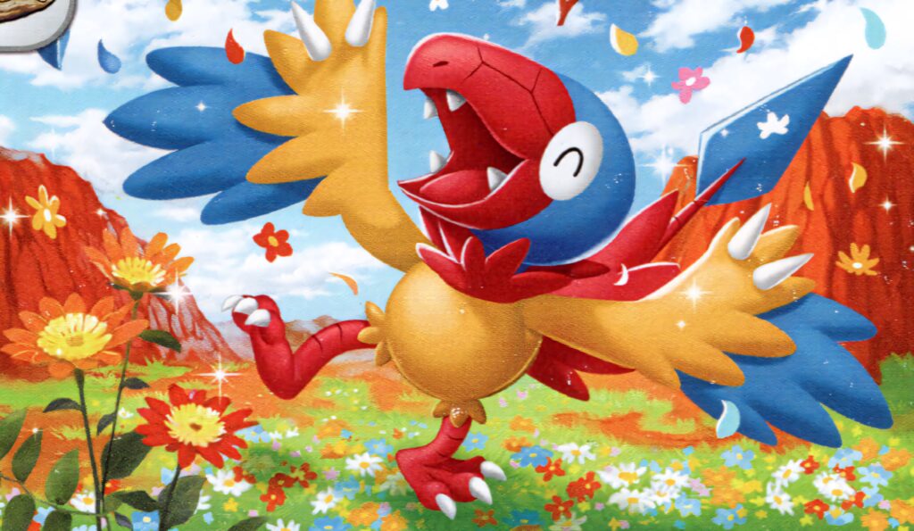 Archen dancing happily among vibrant wildflowers with falling petals under blue sky background Wallpaper