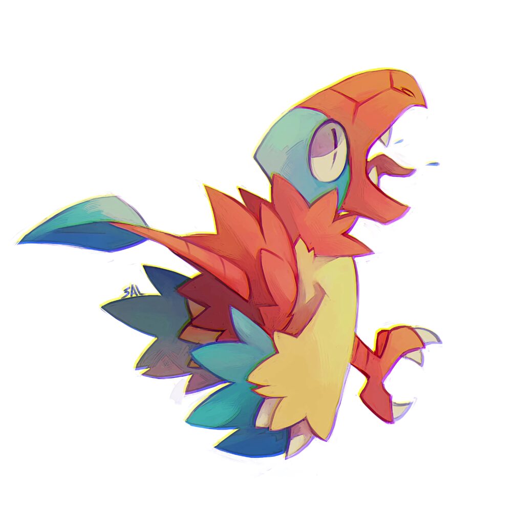 Archen mid-run vibrant colorful feathers energetic personality on clean white wallpaper background
