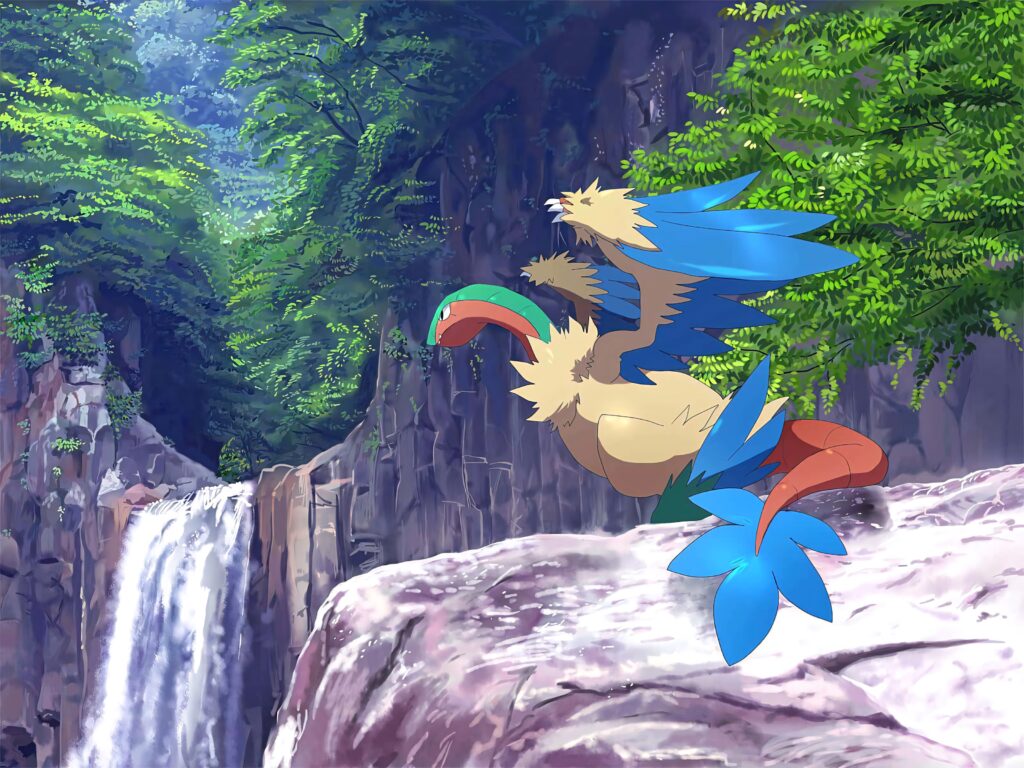 Archen perched on rocky ledge above waterfall surrounded by lush green trees and cliffs wallpaper