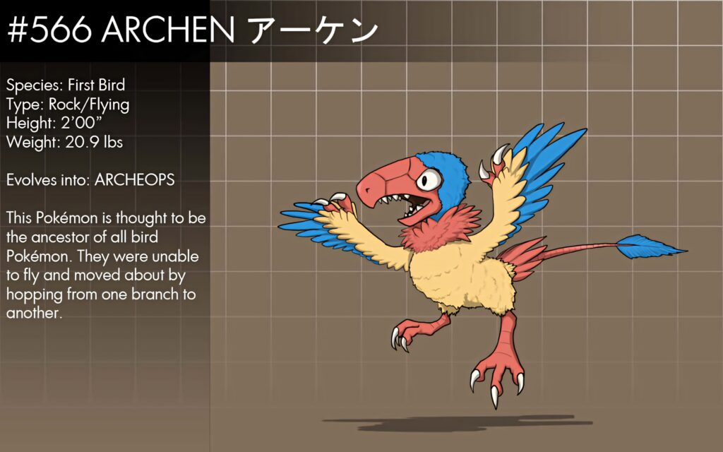Archen flying pose with stats height weight type and evolution on clean grid background wallpaper