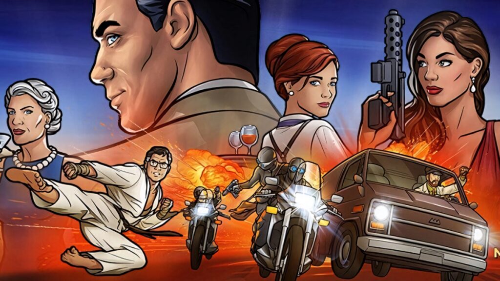 Archer characters in action with explosions motorcycle chases and iconic spy poses wallpaper