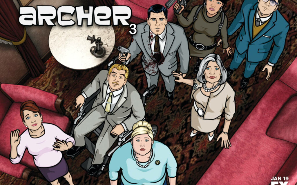 Archer wallpaper main characters Sterling Archer group pose detailed interior background humor