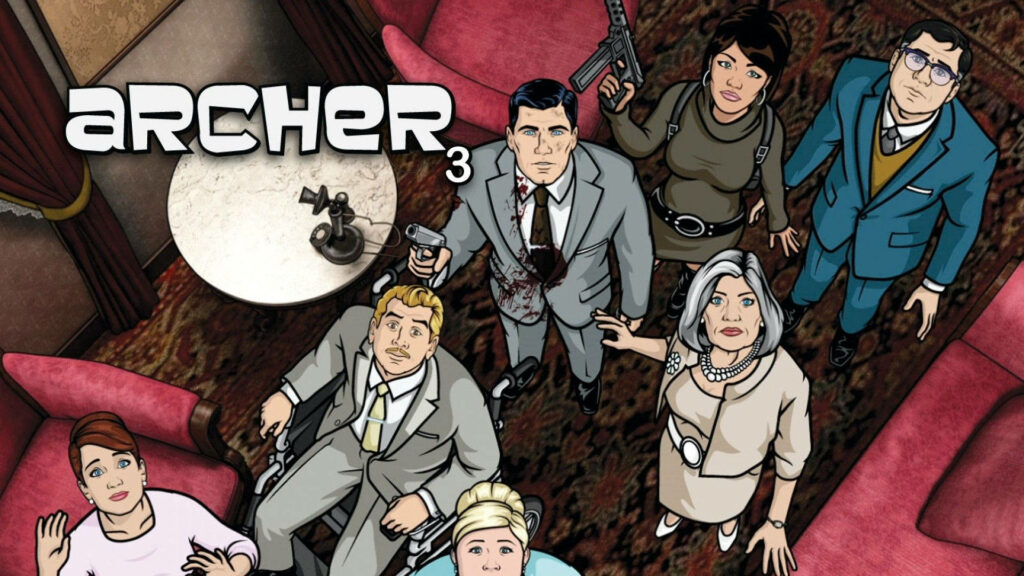 Archer animated series characters in action pose with weapons in dramatic intense wallpaper background