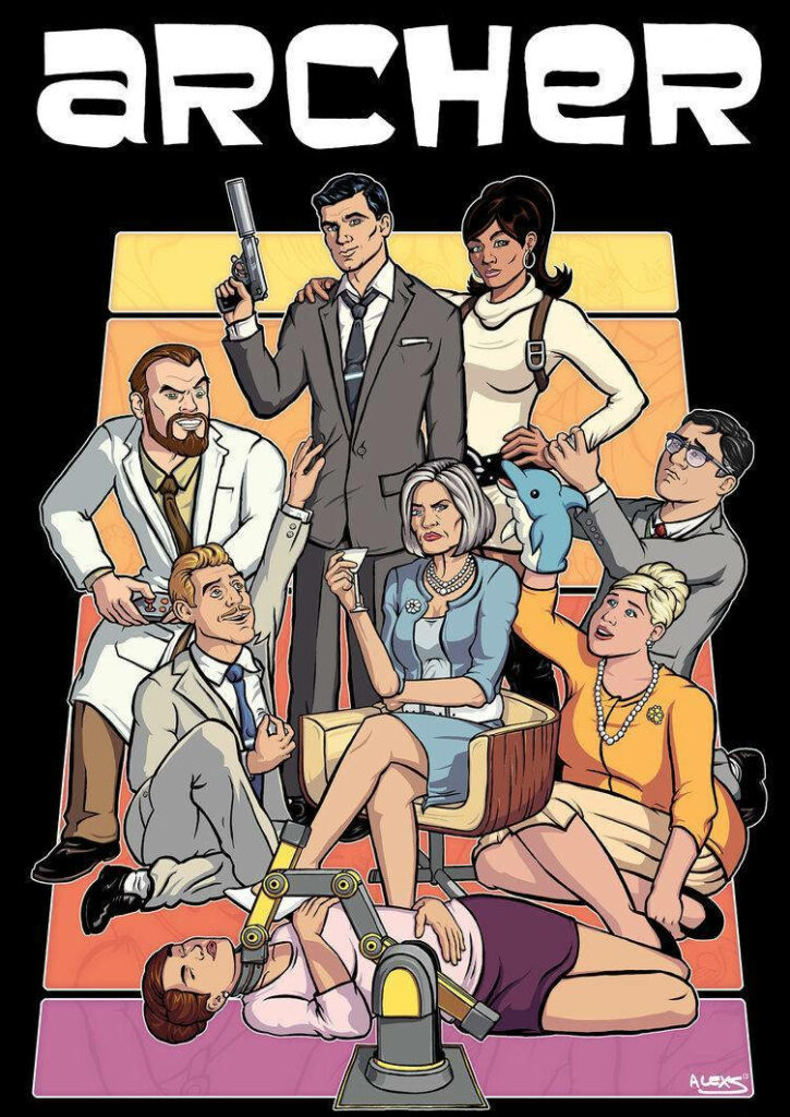 Archer main characters group pose vibrant poster espionage comedy animated sitcom wallpaper
