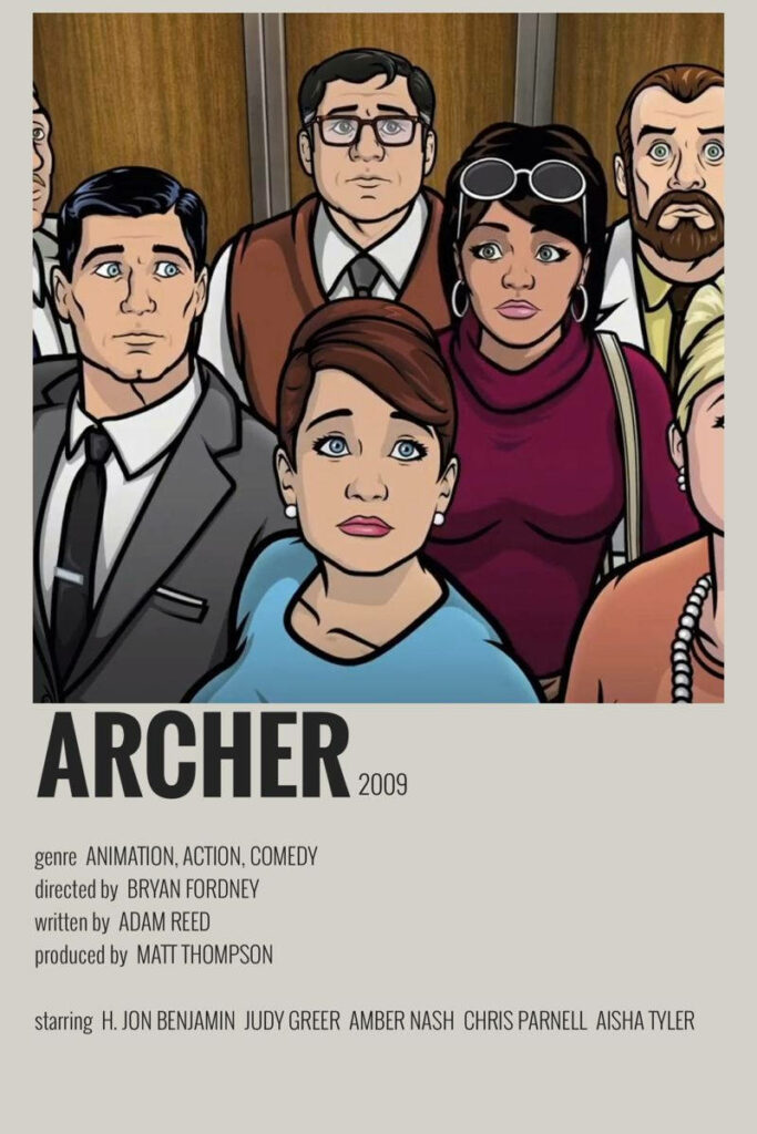 Archer animated wallpaper main cast standing in elevator showcasing spy comedy style background