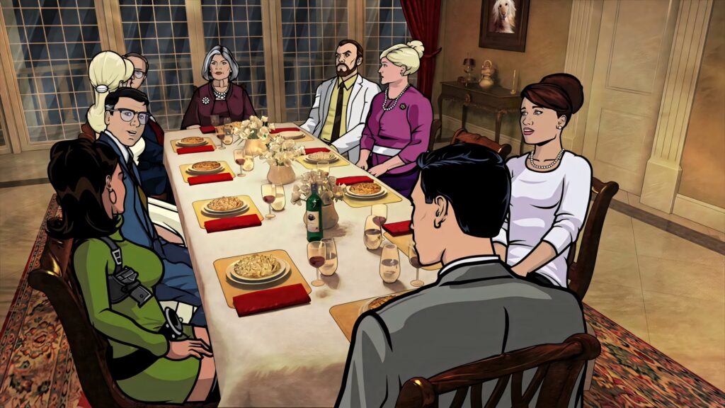 Archer cast at elegant dinner table animated style warm lighting detailed wallpaper background