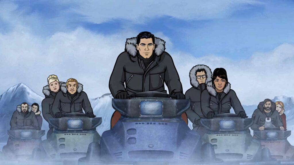 Archer characters in winter gear riding snowmobiles through snowy mountain landscape wallpaper