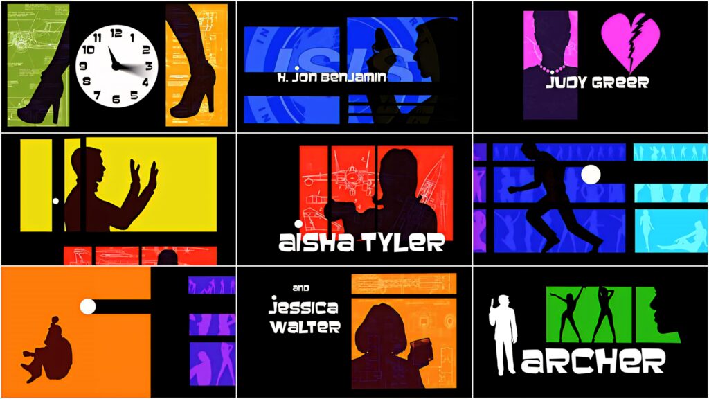 Minimalistic Archer wallpaper with vibrant color-blocked panels featuring character silhouettes and cast names