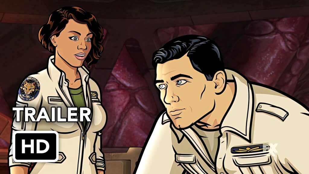 Archer Season 10 characters in space uniforms with quirky animated expressions wallpaper background