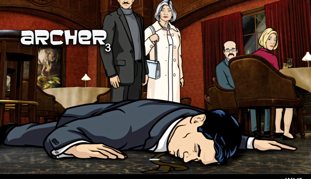 Archer Season 3 intense scene with Archer unconscious in upscale bar shocked characters around Wallpaper
