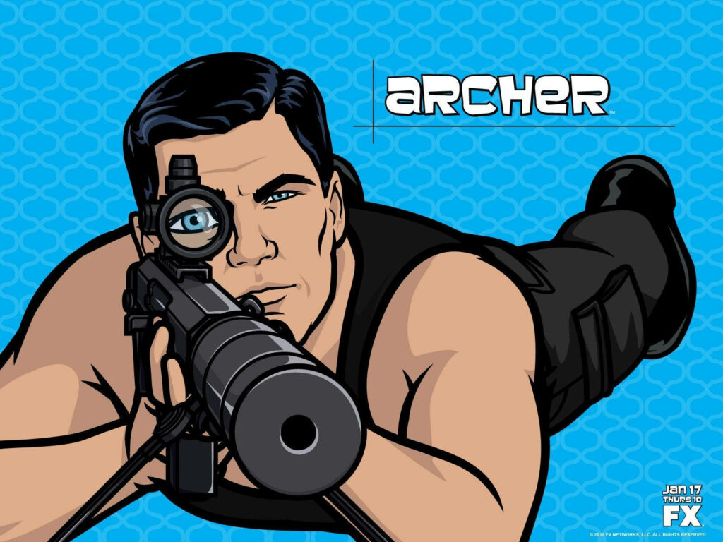 Sterling Archer aiming sniper rifle in prone position with blue patterned Archer wallpaper background