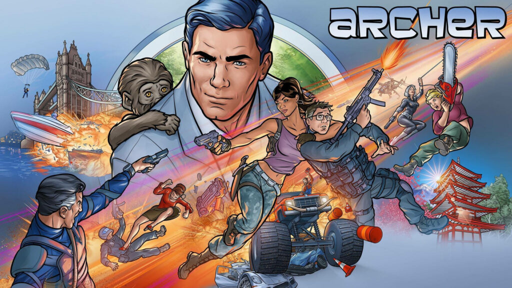 Archer wallpaper featuring main cast in action scenes with bold colorful espionage animation style
