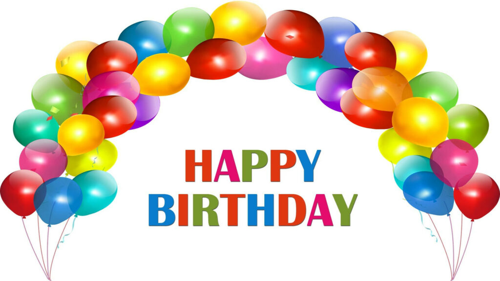 Colorful glossy balloon arch framing Happy Birthday text on a bright white festive wallpaper background