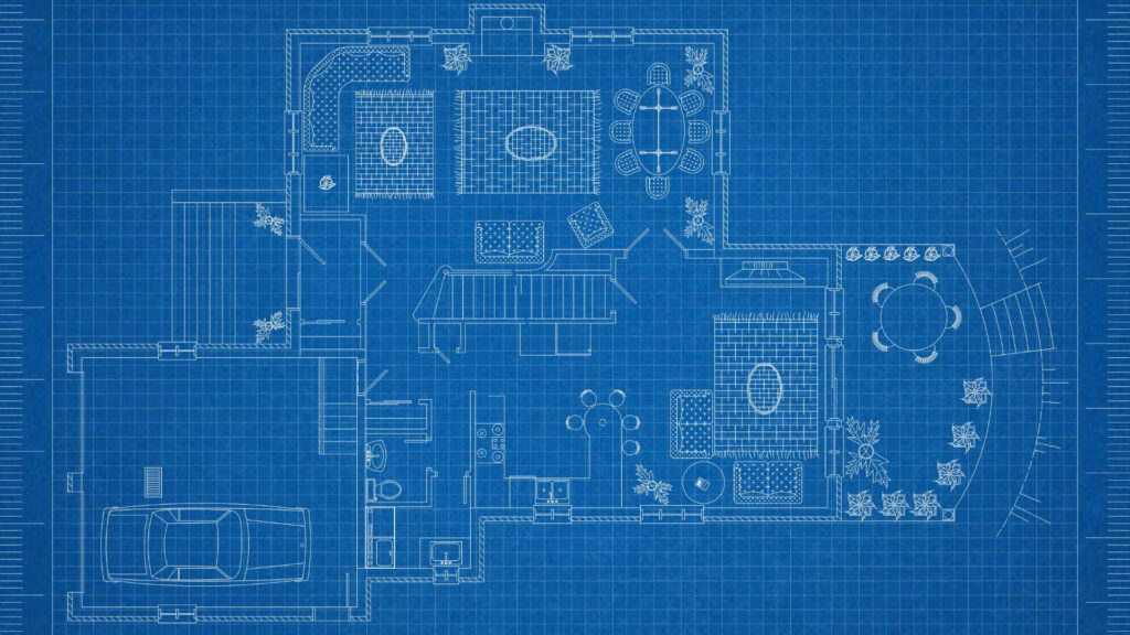 Detailed architectural blueprint wallpaper with precise floor plan and modern room layouts background