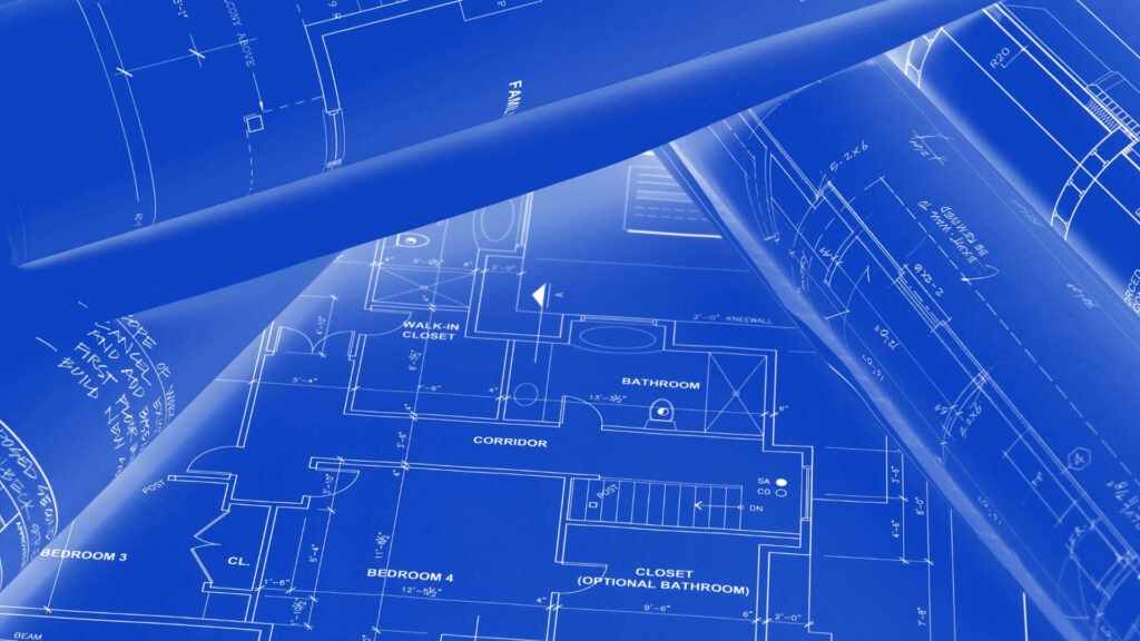 Detailed architectural blueprint rolls with floor plans in vivid blue and white tones background Wallpaper