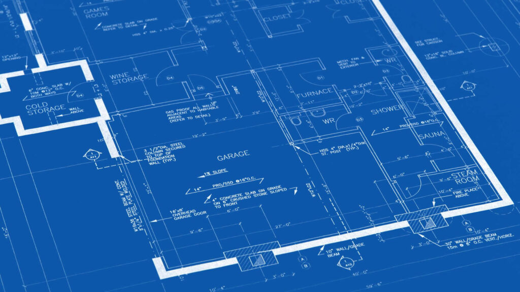 Detailed architectural blueprint wallpaper with technical floor plans in classic blue and white colors