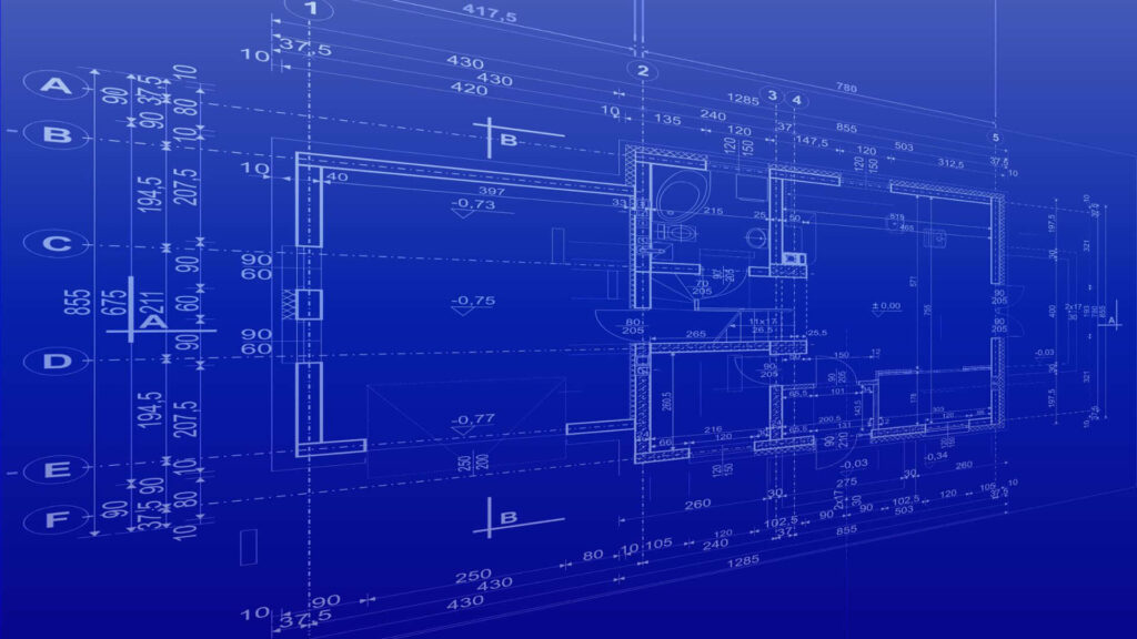 Architectural blueprint wallpaper with detailed building floor plan on vibrant blue background
