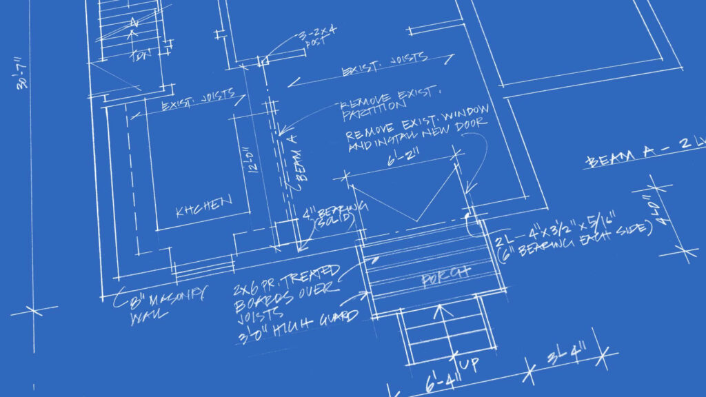 Detailed architectural blueprint wallpaper with hand-drawn floor plans and construction notes
