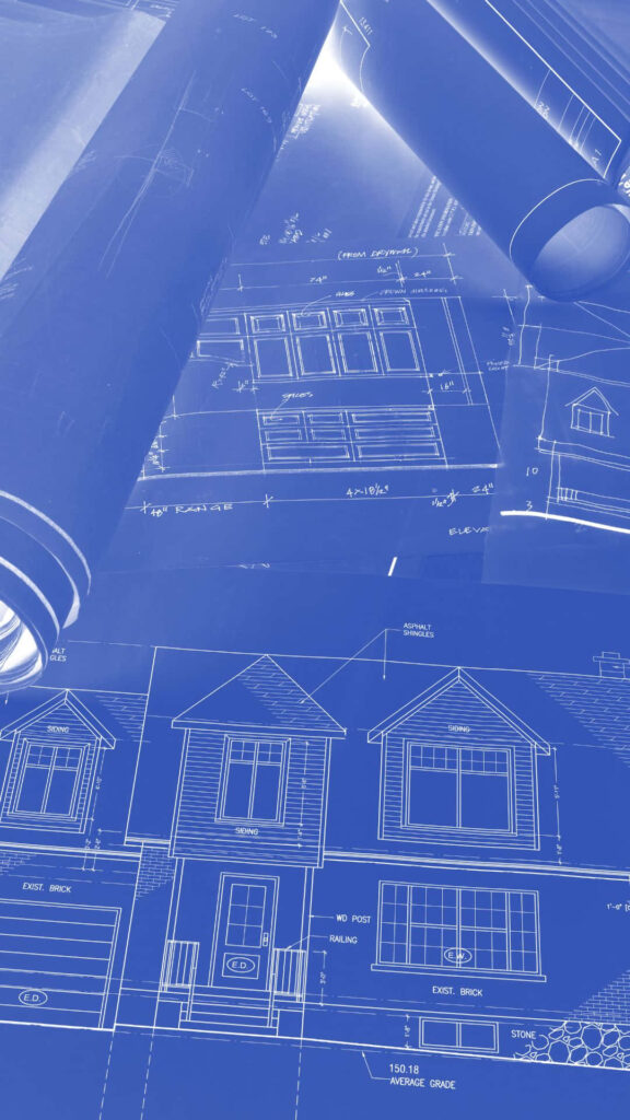 Architectural blueprint rolls and house plans with detailed technical drawings in blue tones Wallpaper