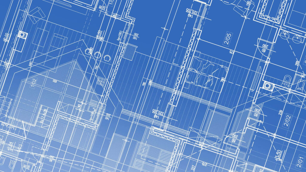 Detailed architectural blueprint wallpaper with precise technical drawings on blue background
