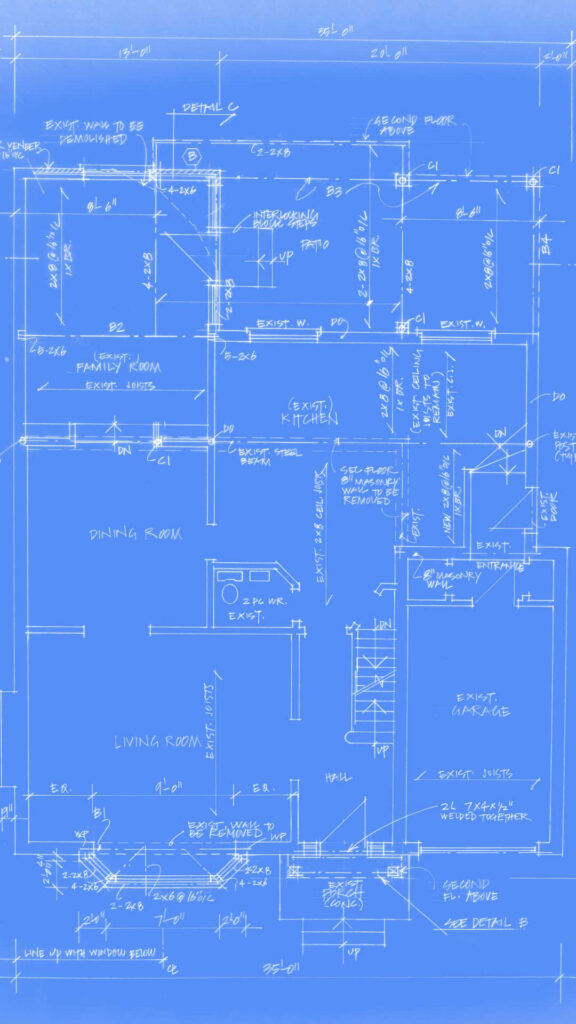 Architectural blueprint wallpaper with detailed floor plans and technical sketches on blue background
