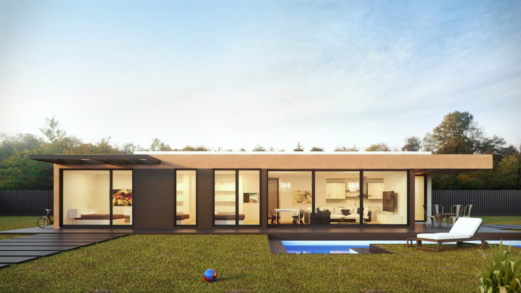 Photorealistic CGI of modern luxury single-story home with glass walls and private pool on lawn Wallpaper