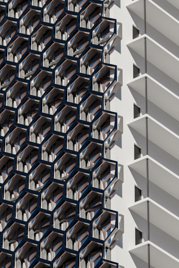 Hexagon Windowed Building: A Striking 3D Wallpaper with Black Outlined Façade Against a White Background - Spectacular Mobile 3D Background Image