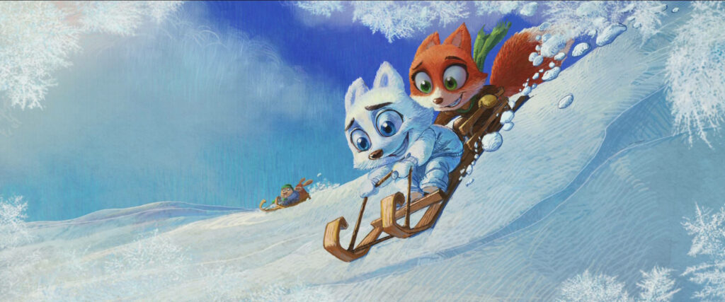 Animated Arctic Justice animals sledding excitedly down snowy hill with bright winter sky background Wallpaper