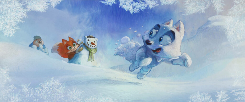 Animated Arctic Justice scene with husky pup and friends playing in snowy winter landscape Wallpaper