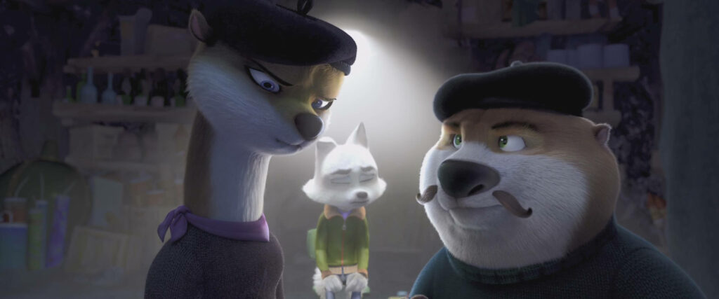 Arctic Justice wallpaper with two otters in black berets interrogating and white fox spotlight
