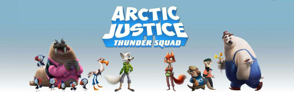 Arctic Justice Thunder Squad main animated characters standing side by side on blue background Wallpaper